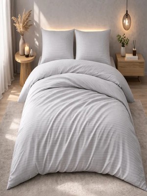 Vionetta Pamuk Saten Otel Serisi Çift  Kişilik Nevresim Takımı Gri Çizgili Lastikli Çarşaflı