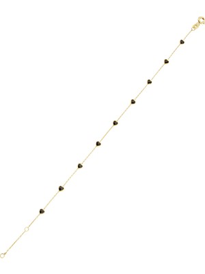 Bolek Jewellery 14 Ayar Altın Siyah Kalp Taş Detaylı Kolye & Bileklik Seti