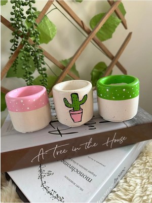 3’lü Silindir Model / Kaktüs Resimli Saksı Seti