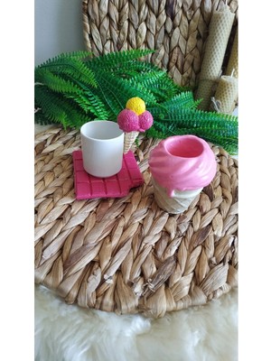 3 Lü Dondurma Dekorlu Kahve Fincanı,lokumluk Set