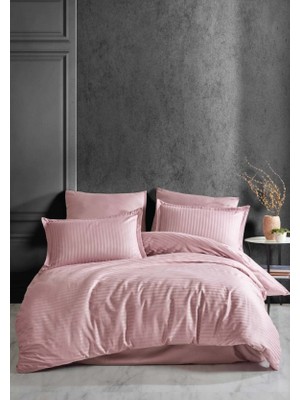 Ronanna Çizgili Tek Kişilik Saten Nev Takımı Pudra