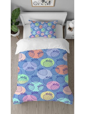 Greendecor Çilek Meyve Tatlı Şeker Desenli Dijital Baskılı Özel Tasarımlı Çarşafsız Tek Kişilik Nevresim Takımı