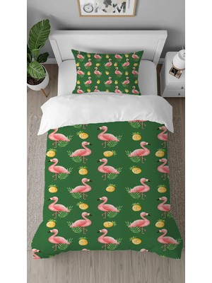 Greendecor Flamingo Ananas Desenli Dijital Baskılı Özel Tasarımlı Çarşafsız Tek Kişilik Nevresim Takımı