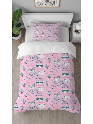 Greendecor Ayıcık Panda Pembe Desenli Dijital Baskılı Özel Tasarımlı Çarşafsız Tek Kişilik Nevresim Takımı