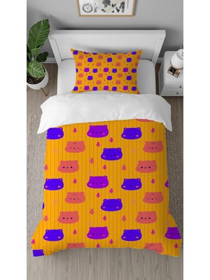 Greendecor Ayıcık Panda Pembe Desenli Dijital Baskılı Özel Tasarımlı Çarşafsız Tek Kişilik Nevresim Takımı