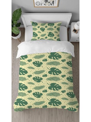 Greendecor Yaprak Desenli Dijital Baskılı Özel Tasarımlı Çarşafsız Tek Kişilik Şık Nevresim Takımı