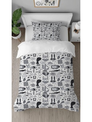 Greendecor  Kaktüs Kalp Vişne Desenli Dijital Baskılı Özel Tasarımlı Çarşafsız Tek Kişilik Şık Nevresim Takımı