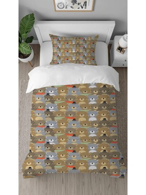 Greendecor Ayıcık Panda Pembe Desenli Dijital Baskılı Özel Tasarımlı Çarşafsız Tek Kişilik Nevresim Takımı