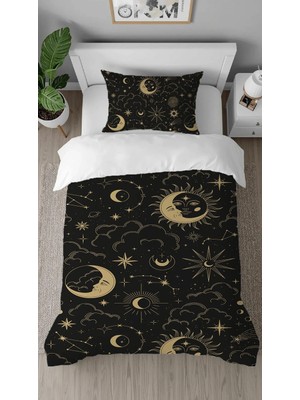 Greendecor Yıldız Ay Gezegen Uzay Desenli Dijital Baskılı Özel Tasarımlı Çarşafsız Tek Kişilik Nevresim Takımı