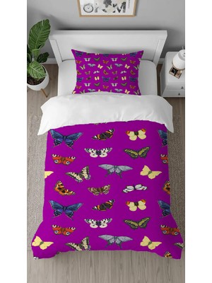 Greendecor Kelebekler Renkli Desenli Dijital Baskılı Özel Tasarımlı Çarşafsız Tek Kişilik Şık Nevresim Takımı