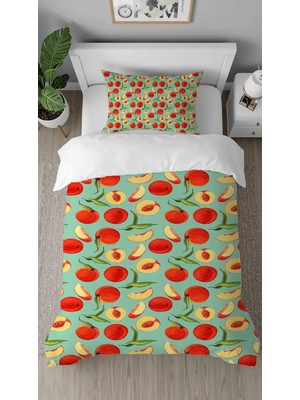 Greendecor Şeftali Meyve Tatlı Şeker Desenli Dijital Baskılı Özel Tasarım Çarşafsız Tek Kişilik Nevresim Takımı