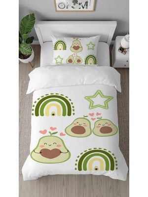 Greendecor Avokado Yıldız Meyve Desenli Dijital Baskılı Özel Tasarım Çarşafsız Tek Kişilik Şık Nevresim Takımı