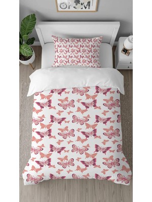 Greendecor Kelebek Pembe Desenli Dijital Baskılı Özel Tasarımlı Çarşafsız Tek Kişilik Şık Nevresim Takımı