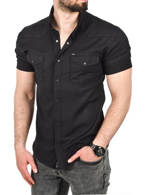 Rizzup Erkek Siyah Slim Fit Pamuklu Likralı Kısa Kol Gömlek Kolay Ütülenebilir Çıt Çıtlı Cepli Spor Gömlek 2400253