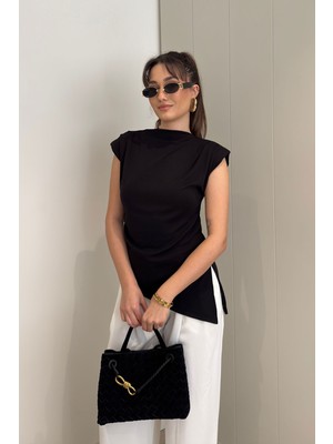 Magarde Omuzu Vatkalı Premium Bluz- Siyah