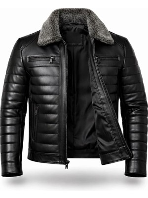 Derimontaya Erkek Siyah Yakası Kürklü Hakiki Kuzu Deri Mont Ceket