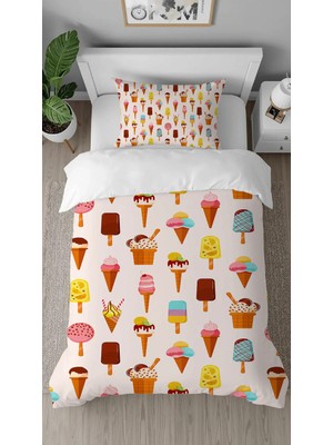 Greendecor Dondurma Tatlı Şeker Desenli Dijital Baskılı Özel Tasarımlı Çarşafsız Tek Kişilik Nevresim Takımı
