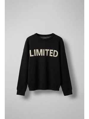 Abluka Online Erkek Oversize Limıted Yazılı Triko Kazak Siyah