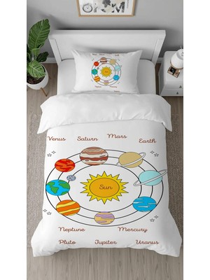 Greendecor Gezegen Isimleri Uzay Desenli Dijital Baskılı Özel Tasarım Çarşafsız Şık Tek Kişilik Nevresim Takımı