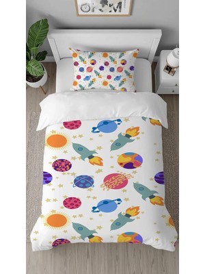 Greendecor Roket Yıldız Ay Uzay Desenli Dijital Baskılı Özel Tasarımlı Çarşafsız Tek Kişilik Nevresim Takımı