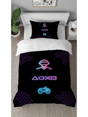 Greendecor Xo Oyuncu Gamer Ps Desenli Dijital Baskılı Özel Tasarımlı Çarşafsız Tek Kişilik Şık Nevresim Takımı