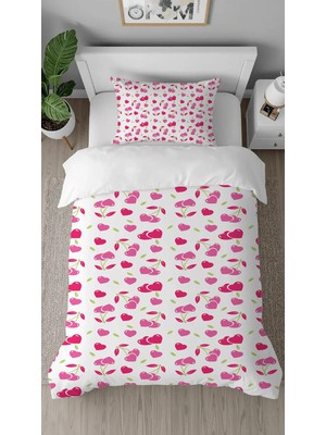 Greendecor Kalp Vişne Kiraz Pembe Desenli Dijital Baskılı Özel Tasarımlı Çarşafsız Tek Kişilik Nevresim Takımı