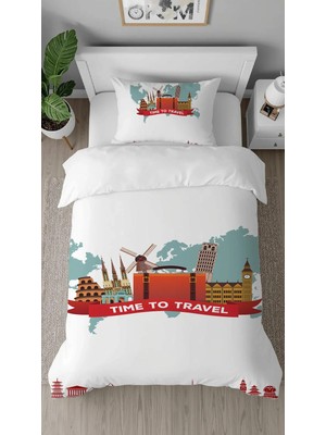 Greendecor Dünya Gezegen Şehir Desenli Dijital Baskılı Özel Tasarım Çarşafsız Şık Tek Kişilik Nevresim Takımı