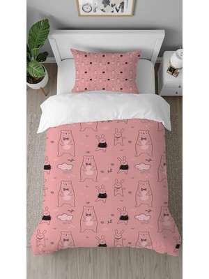 Greendecor Ayıcık Tavşan Pembe Desenli Dijital Baskılı Özel Tasarımlı Çarşafsız Tek Kişilik Şık Nevresim Takımı