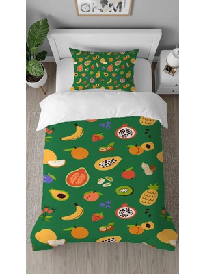 Greendecor Avokado Ananas Meyve Desenli Dijital Baskılı Özel Tasarımlı Çarşafsız Tek Kişilik Nevresim Takımı