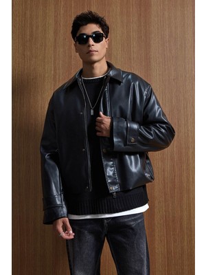 Abluka Online Erkek Boxy Fit Geniş Kesim Premium Deri Ceket Siyah