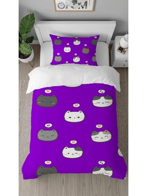 Greendecor Tatlı Kedi Panda Ayıcık Desenli Dijital Baskılı Özel Tasarımlı Çarşafsız Tek Kişilik Nevresim Takımı