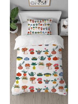 Greendecor Çiçekler Vazo Saksı Renkli Desenli Dijital Baskılı Tasarımlı Çarşafsız Tek Kişilik Nevresim Takımı