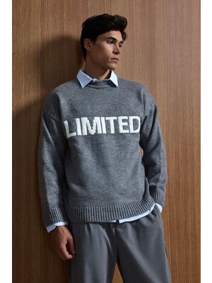 Abluka Online Erkek Oversize Limited Kabartma Baskılı Triko Kazak Füme