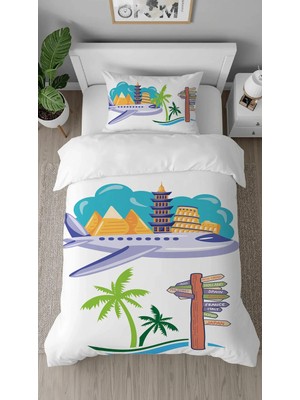 Greendecor Uçak Dünya Şehir Desenli Dijital Baskılı Özel Tasarımlı Çarşafsız Şık Tek Kişilik Nevresim Takımı