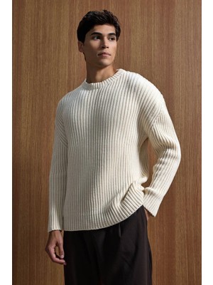 Abluka Online Erkek Oversize Fitilli Basic Triko Kazak Bej