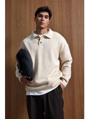 Abluka Online Erkek Oversize Düğmeli Triko Kazak Bej