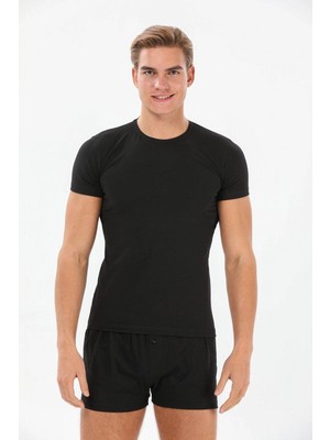 GOLDOREMİ Yıldız 91 Erkek 0 Yaka Pamuklu Terletmez Siyah Likralı Kısa Kollu T-shirt