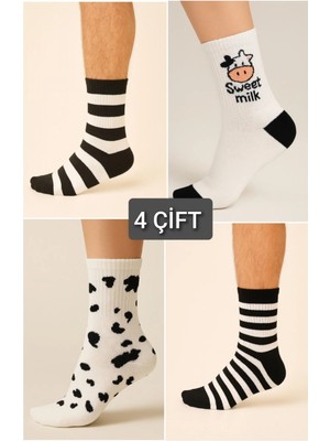 Özpek Giyim Inek Desenli Siyah Beyaz Pamuklu Kolej Çorap Seti - 4'lü-12'li
