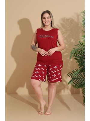 Temporium Kadın Milan Kumaş Büyük Beden Curve Baskılı Desenli Şortlu Pijama Takımı
