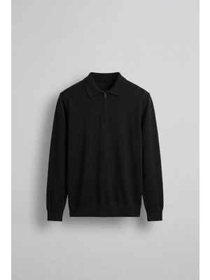 Erkek Yarım Fermuarlı Polo Yaka Triko Kazak Siyah