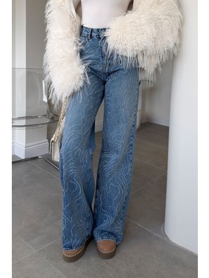 Magarde Tintli Wide Leg Taşlı Jean- Mavi