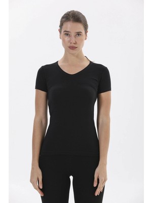 GOLDOREMİ Yıldız 2371 Premium Kadın V Yaka Siyah Kısa Kollu Pamuklu Likralı T-shirt