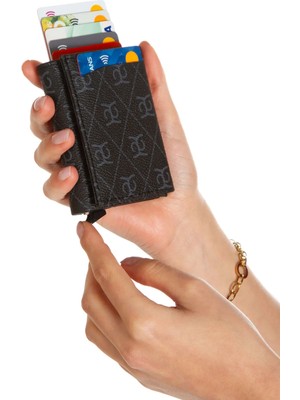 Sannora Bags Unisex Kahve Desenli Mekanizmalı Otomatik Kızaklı Kartlık Cüzdan