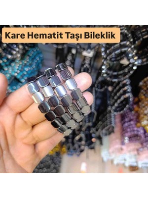 Mga Doğaltaş Hematit Taşı Bileklik Çift Delikli Kare Model – Koyu Gri Parlak – %100 Hakiki Doğal Taş – Unisex – Sertifikalı