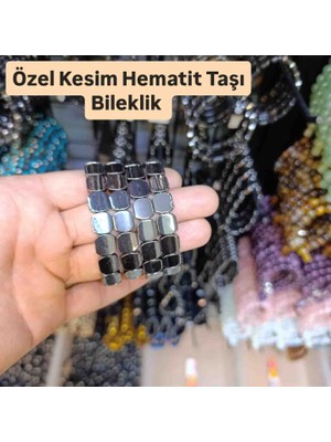 Mga Doğaltaş Hematit Taşı Bileklik Çift Delikli Kare Model – Koyu Gri Parlak – %100 Hakiki Doğal Taş – Unisex – Sertifikalı
