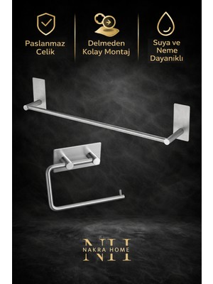 Nakra Home 2'li Paslanmaz Çelik Yapışkanlı Havlu Askısı ve Tuvalet Kağıtlığı | Delmeden Montaj Neme Dayanıklı Havluluk