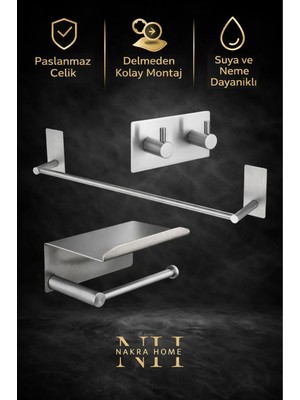 Nakra Home 3'lü Paslanmaz Çelik Yapışkanlı Havlu Askısı ve Tuvalet Kağıtlığı | Delmeden Montaj Neme Dayanıklı Havluluk