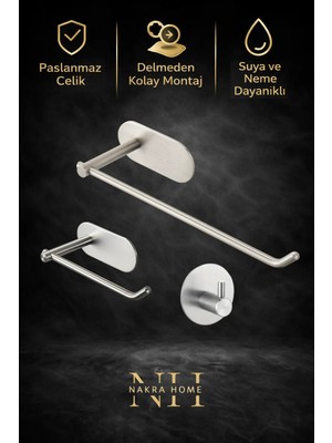 Nakra Home 3'lü Set ( Paslanmaz Çelik Yapışkanlı Havlu Askısı , Tuvalet Kağıtlığı ve Tekli Askılık ) Yapışkanlı Havluluk
