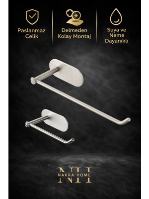 Nakra Home 2'li Paslanmaz Çelik Yapışkanlı Havlu Askısı ve Tuvalet Kağıtlığı | Delmeden Montaj Neme Dayanıklı Havluluk