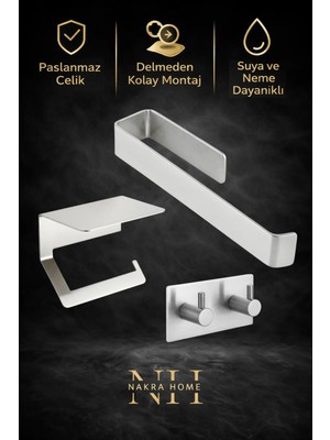 Nakra Home 3'lü Set ( Paslanmaz Çelik Yapışkanlı Havlu Askısı , Tuvalet Kağıtlığı ve 2'li Askılık ) Yapışkanlı Havluluk